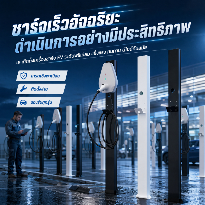เสาขาตั้งเครื่องชาร์จ EV Wall box home charger ร้านแนะนำดีเยี่ยม หนา แข็งแรงพิเศษ พร้อมที่แขวนสายชาร์จ