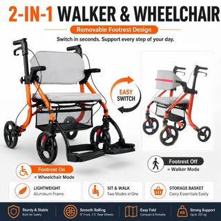 KANBEIO Walker Wheelchair Dual Purpose Foldable Wheels, Walker Aids for the Elderly, Rehabilitation Trolley Lightweight Adjustable Safety Material