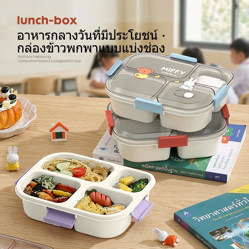 กล่องข้าว 4 ช่อง กล่องข้าวมีถ้วยซุป กล่องข้าวเด็กไปโรงเรียน ไมโครเวฟอุ่นได้ ป้องกันการรั่วซึม น่ารัก