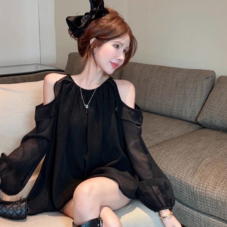 Suitcute การออกแบบฝรั่งเศสที่ไม่มีสายหนังเชือกแขวนคอคอเสื้อชีฟองน่าระทึกใจผู้หญิงความปรารถนาบริสุทธิ์สาวร้อนอายุลดเสื้อเชิ้ตแขนยาวหลวมด้านบน  women clothing
