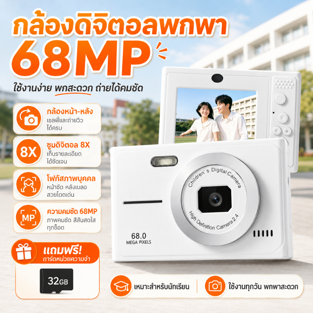 กล้องดิจิตอลเลนส์คู่ 68 ล้านพิกเซล ออโต้โฟกัส รองรับการส่งภาพแบบ OTG ฟังก์ชั่นซูมออปติคอลและตกแต่งภาพ 8 เท่า ฟังก์ชั่นถ่ายวิดีโอและภาพถ่ายภายใน แบตเตอรี่ใช้งานได้ยาวนาน และเป็นของขวัญวันเกิดสำหรับช่างภาพที่เดินทาง