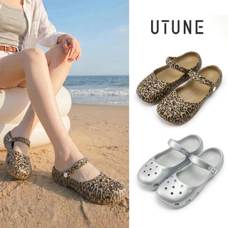 UTUNE รองเท้าผู้หญิง Mary Jane Clog ลายเสือดาว พื้นเรียบ สำหรับชายหาด Slip-On นุ่มสบาย กันลื่น EVA สำหรับกิจกรรมกลางแจ้ง