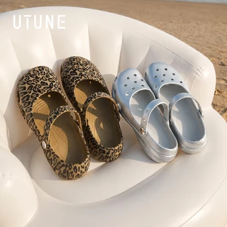 UTUNE รองเท้าผู้หญิง Mary Jane Clog ลายเสือดาว พื้นเรียบ สำหรับชายหาด Slip-On นุ่มสบาย กันลื่น EVA สำหรับกิจกรรมกลางแจ้ง
