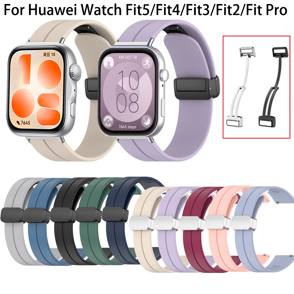 ซิลิโคนแม่เหล็กหัวเข็มขัดสําหรับ Huawei Watch Fit 5 4 3 2/Fit ใหม่/ SE/ รุ่นพิเศษ / Fit2 /Fit3 Fit4 Fit5 Pro รุ่นพิเศษนุ่มสีลูกกวาดนาฬิกาสร้อยข้อมือกีฬาห่วง