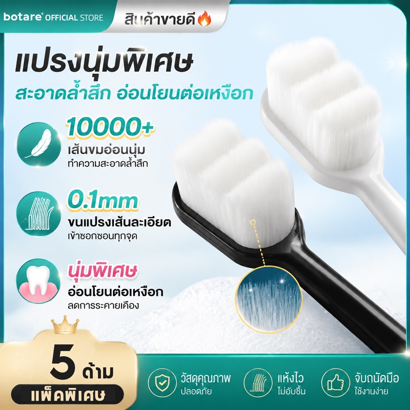 【5 pcs】BOTARE แปรงสีฟันขนละเอียดหนา นุ่มนวลดูแลฟันและเหงือกอ่อนโยน