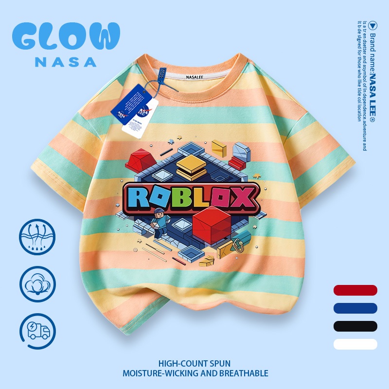 【จัดส่งภายในวันเดียวกัน】เสื้อยืดเด็กแขนสั้นลายทางเหลือง-น้ำเงิน ลายเกมบ็อกซ์ รุ่นร่วมดีไซน์กับNASA ทรงลำลอง ใส่คู่กับอะไรก็เข้ากัน ดีไซน์ทันสมัย เหมาะสำหรับทั้งเด็กชายและเด็กหญิง