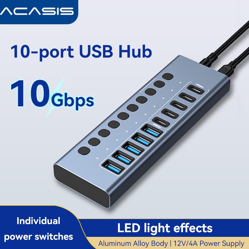 ACASIS 10 พอร์ต 10Gpbs USB3.2 Hub 5 * USB-A & 5 * ประเภท C 3.2 HUB สนับสนุน BC1.2 ชาร์จ 12V4A อะแดปเตอร์อลูมิเนียม Type-C Splitter สําหรับ Macbook อุปกรณ์เสริมเดสก์ท็อป