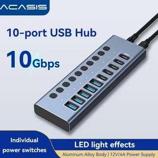 ACASIS 10 พอร์ต 10Gpbs USB3.2 Hub 5 * USB-A & 5 * ประเภท C 3.2 HUB สนับสนุน BC1.2 ชาร์จ 12V4A อะแดปเตอร์อลูมิเนียม Type-C Splitter สําหรับ Macbook อุปกรณ์เสริมเดสก์ท็อป