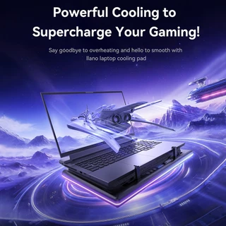 LLANO V12 Ultra Laptop Cooling Pad พร้อมการควบคุมซอฟต์แวร์อัจฉริยะ, พัดลมระบายความร้อนแล็ปท็อปสําหรับเล่นเกม RGB, พัดลมเทอร์โบ 5.5 นิ้ว, ปรับความเร็วได้, ฮับ USB 3.0 3 พอร์ต, ขาตั้งความสูงสําหรับ 15.6-19