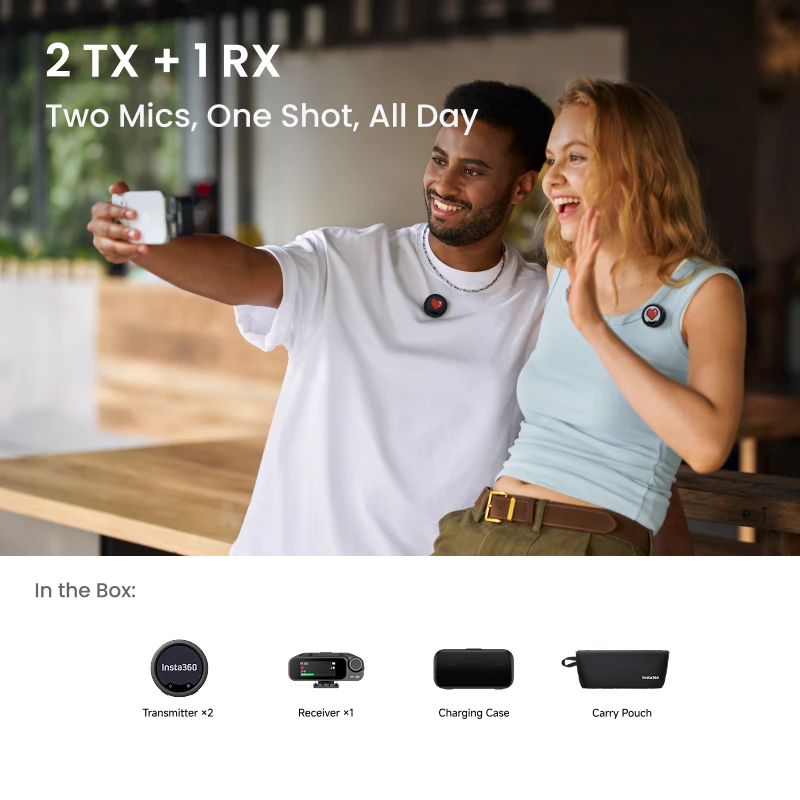 เครื่องส่งสัญญาณ Insta360 Mic Pro, ไมโครโฟนไร้สายแบบหนีบเสื้อขนาดเล็กสําหรับ iPhone/กล้อง/Android, การบันทึกวิดีโอ, บลูทูธ, จอแสดงผล E-ink ที่ปรับแต่งได้, 3 ไมค์ Array thumbnail 4
