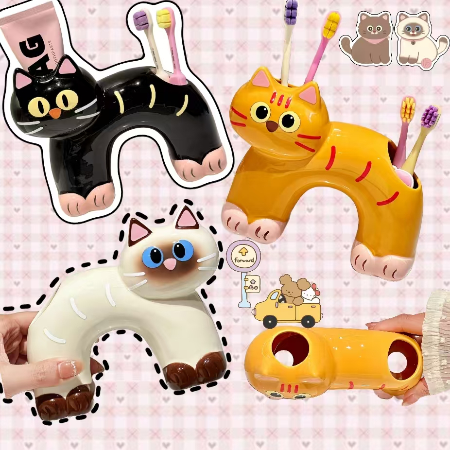 ตุ๊กตาบาร์บี้แมวดํา🐱ผู้ถือแปรงสีฟันห้องน้ําในครัวเรือนชั้นวางมูลค่าสูงคู่เก็บยาสีฟันล้างฐานวงเล็บ