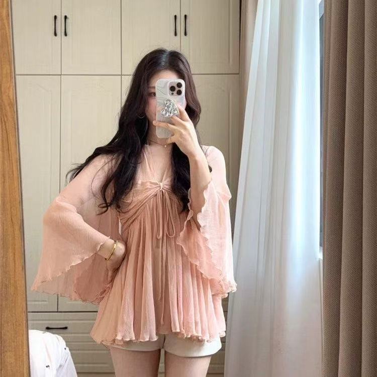 สไตล์เกาหลีผู้หญิงสุภาพสตรีหลวมชีฟองคอวีนัวเนียถุงเสื้อแขนยาวเสื้อ