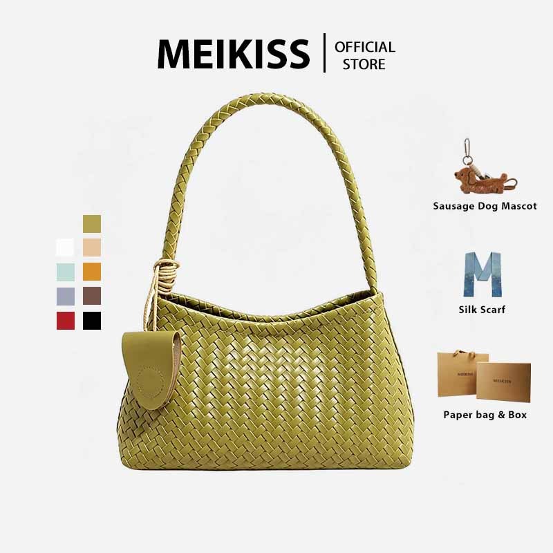 MEIKISS กระเป๋าสะพายข้างผู้หญิง กระเป๋าถักสาน หนังนิ่ม จุของได้เยอะ สไตล์เรโทรฝรั่งเศส