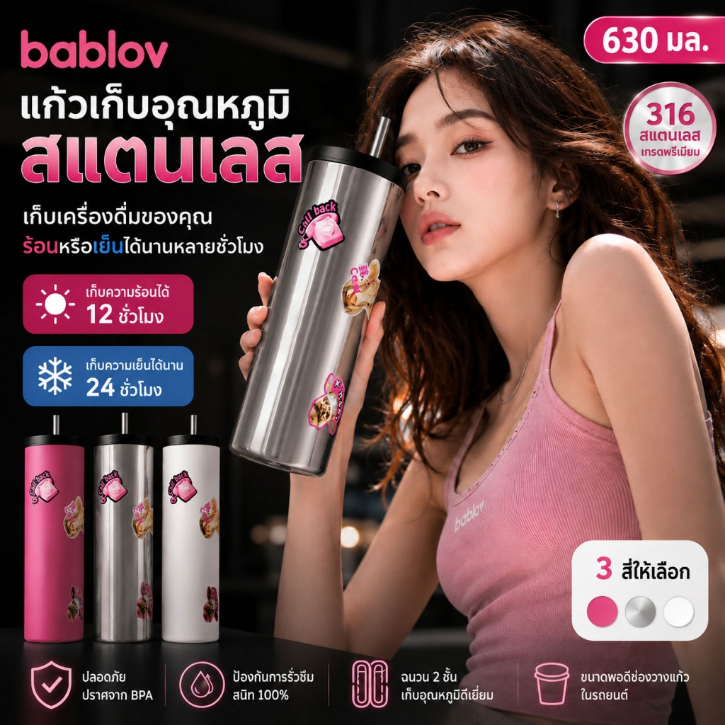 Bablov กระบอกน้ำสแตนเลส 316L ความจุ 630ml | เก็บอุณหภูมิได้นาน กันรั่ว 100% | ดีไซน์กะทัดรัด เหมาะกับการพกพาและใช้ในรถ | แถมฟรี! หลอดสแตนเลสและสติกเกอร์ DIY
