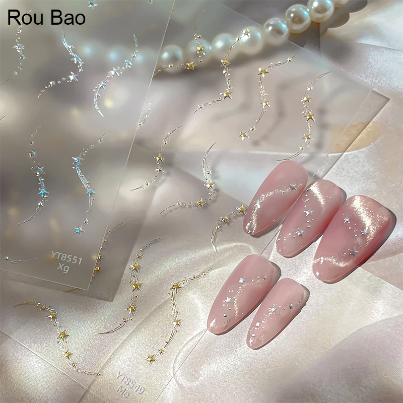 Rou Bao เล็บภาษาฝรั่งเศสคํา Pentagram Star Girly กลับเล็บกาวตกแต่งเล็บ