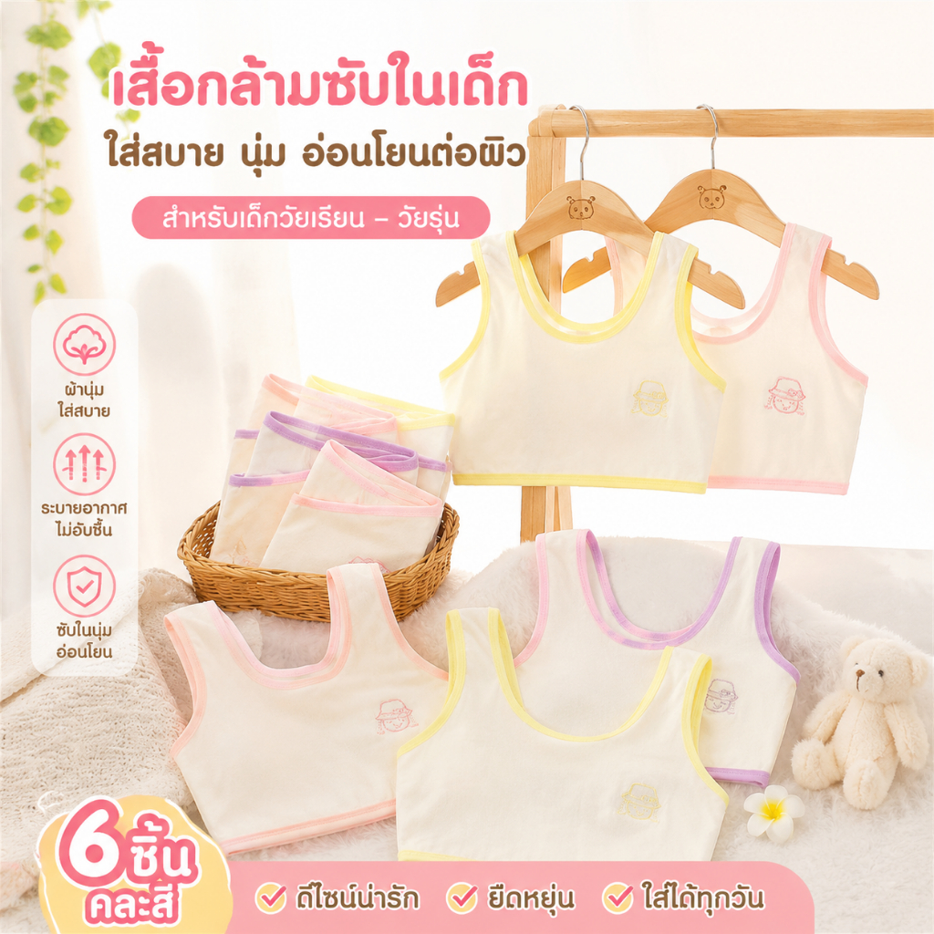 เสื้อเกาะอกเด็กหญิงผ้าฝ้าย ระบายอากาศ ชุดชั้นในพัฒนาการ อายุ 6-12 ปี สำหรับนักเรียนประถม 【LuckServeX】