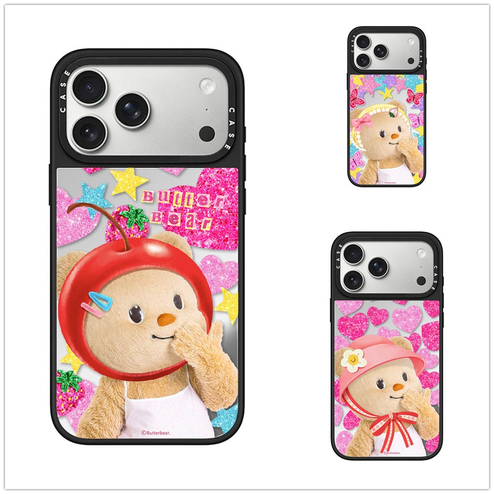 แม่เหล็กไร้สายสําหรับ iPhone 17 16 15 14 13 Pro Max Plus Heart Start Cherry ButterBear ขอบสีดํา Hard ฝาหลังกรณีแกะสลักโลโก้