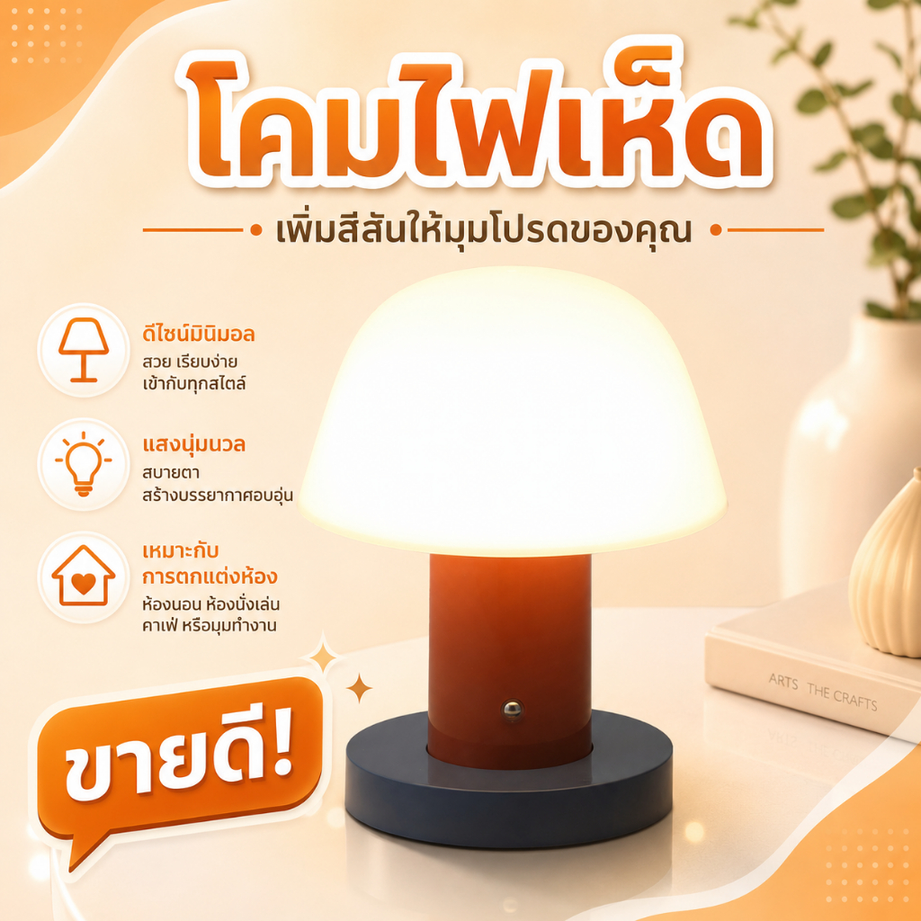 โคมไฟตั้งโต๊ะรูปเห็ดสุดน่ารัก โคมไฟกลางคืนแสงนุ่มนวล ชาร์จไฟผ่าน USB เปลี่ยนสีได้ 3 สี ตกแต่งบ้าน