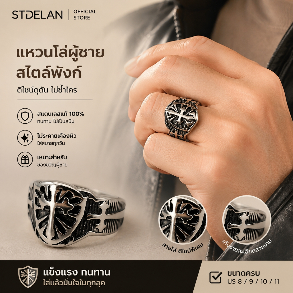[STDELAN]แหวนสไตล์พังก์ ดีไซน์ไม่ซ้ำใคร ลายโล่พิเศษ สำหรับผู้ชาย ทำจากสแตนเลสแท้ 100% ไม่ระคายเคืองผิว ไม่เกิดสนิม คุณภาพดีมาก เหมาะเป็นของขวัญวันเกิด
