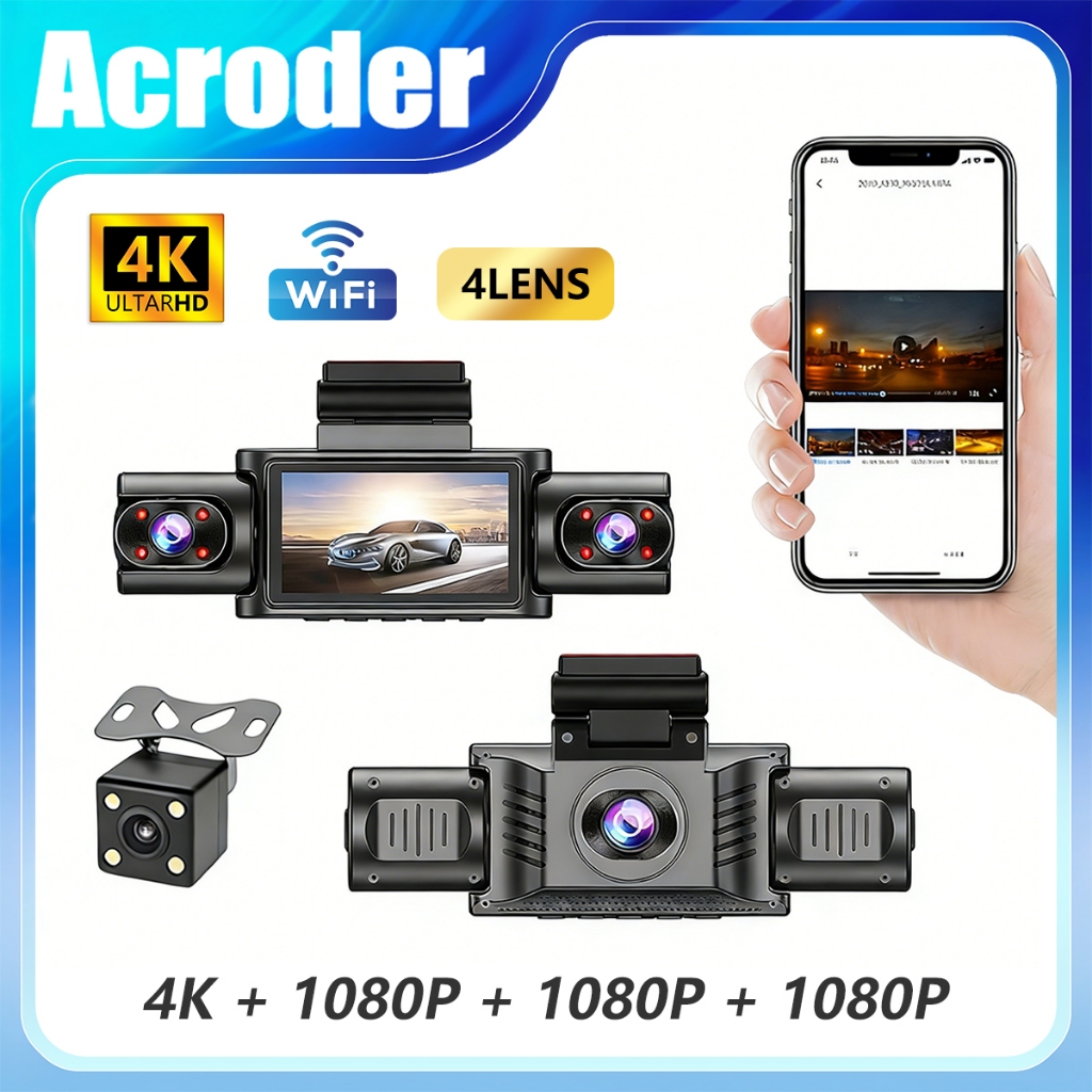 Acroder กล้องติดรถยนต์ 4K 1080P กล้อง 4 ตัว  ระบบมองเห็นในที่มืด และระบบตรวจสอบรอบทิศทาง 360 องศา