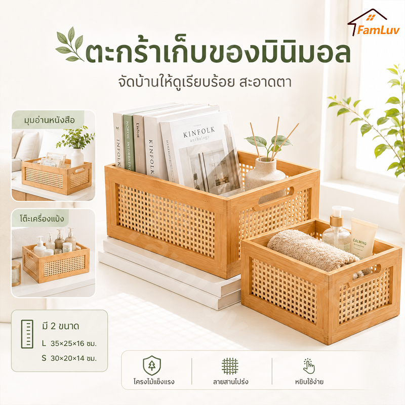 ตะกร้าเก็บของไม้เนื้อแข็ง พร้อมหูจับด้านข้าง ดีไซน์สไตล์นอร์ดิก แกะสลักลายช่องโปร่งระบายอากาศ แข็งแรง รับน้ำหนักได้มาก ประหยัดพื้นที่ จัดเก็บของง่าย สะดวกเคลื่อนย้าย