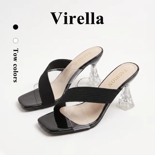 Virella รองเท้าส้นแก้ว หัวสแควร์ รองเท้ารัดส้น แฟชั่นเรโทร เปิดปลายเท้า สําหรับผู้หญิง เข้ากับทุกการแต่งกาย