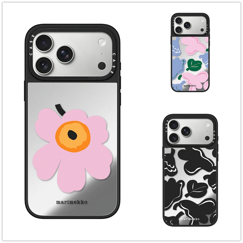 แม่เหล็กไร้สายสําหรับ iPhone 17 16 15 14 13 Pro Max Plus Marimeko ดอกไม้ขอบสีดํา Hard ฝาหลังกรณีโลโก้แกะสลัก