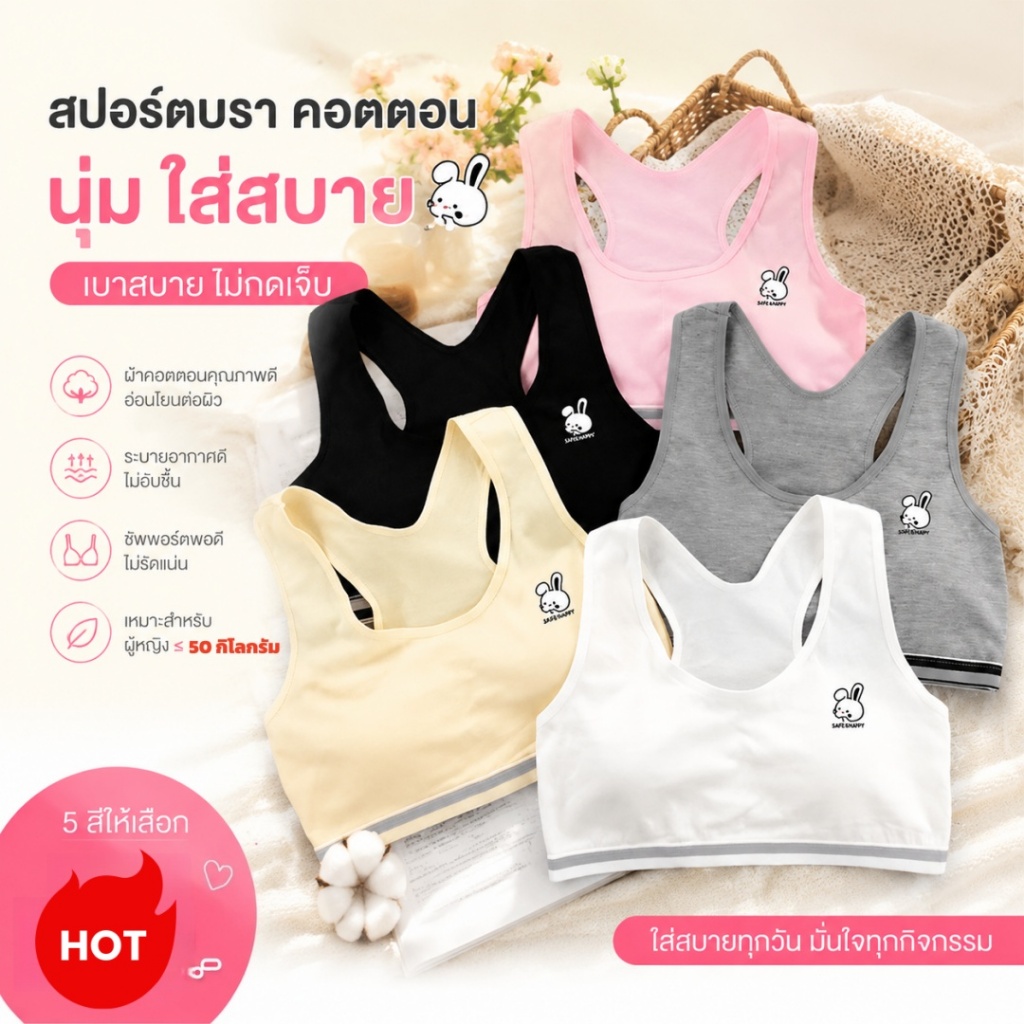 ยกทรงผ้าฝ้ายแท้บางสำหรับวัยรุ่นหญิง มีแผ่นเสริมหน้าอก เสื้อกล้ามกีฬาไร้ตะเข็บสำหรับนักเรียนหญิงช่วงวัยเจริญเติบโต ระบายอากาศได้ดี สวมใส่สบายผิว สายกว้าง