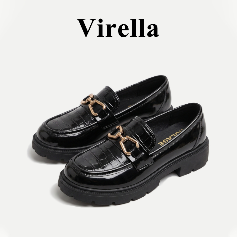 Virella รองเท้าหนังสีดำสไตล์อังกฤษ หนังสิทธิบัตร พื้นรองเท้าหนา แฟชั่นย้อนยุค กันลื่นและทนต่อการสึกหรอ
