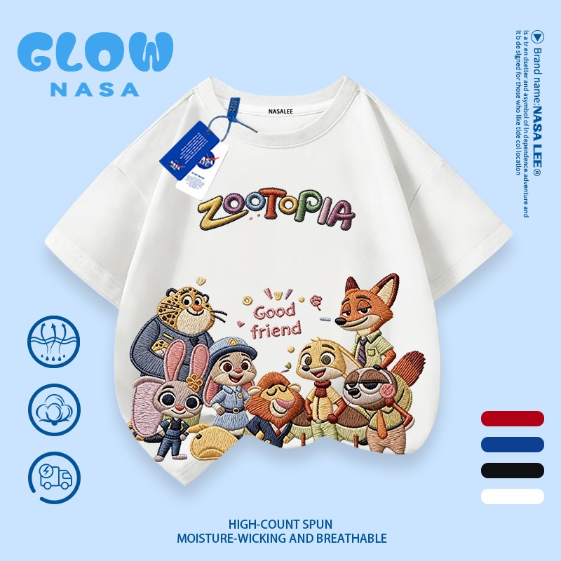 【จัดส่งจากกรุงเทพฯ】เสื้อยืดเด็กแขนสั้นสีขาวนุ่มน่าสัมผัส ลายสุนัขจิ้งจอก กระต่าย และผองเพื่อน รุ่นร่วมดีไซน์กับNASA ทรงหลวม เหมาะสำหรับทั้งเด็กชายและเด็กหญิง