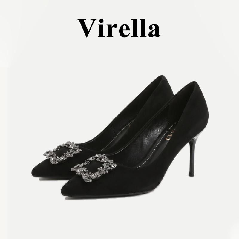Virella รองเท้าส้นเข็มสีดำแบบสวมหัวแหลมสไตล์ฝรั่งเศสสำหรับใส่ทำงาน 2025 ฤดูใบไม้ผลิและฤดูใบไม้ร่วง รองเท้าส้นเข็มสีดำแบบสวมหัวแหลม รองเท้าผู้หญิง