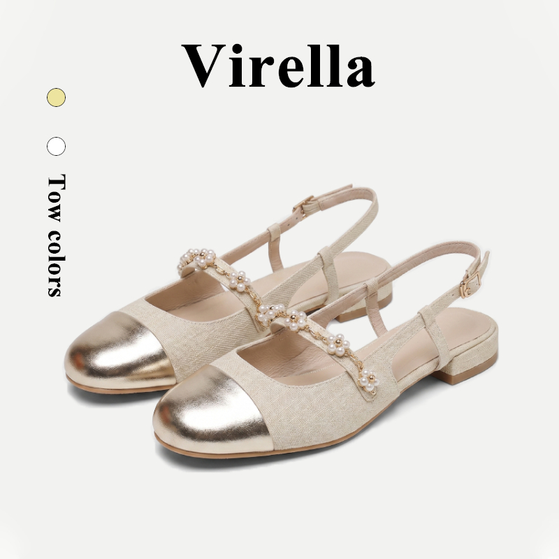 Virella ครีมสาวหวานมุกฝรั่งเศสส้นเตี้ยสีจับคู่รองเท้าแตะแมรี่เจนสำหรับผู้หญิง