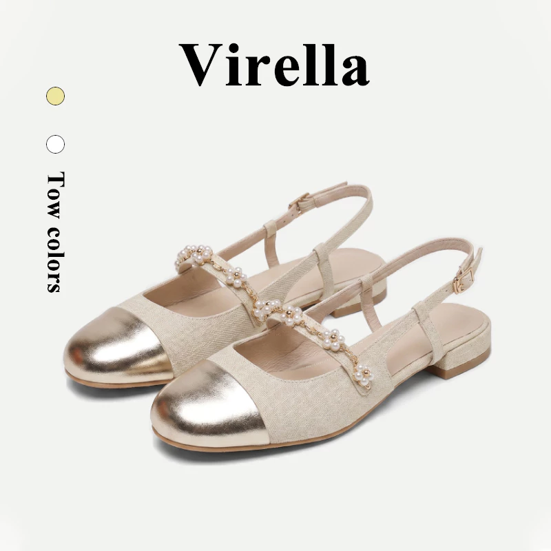 Virella ครีมสาวหวานมุกฝรั่งเศสส้นเตี้ยสีจับคู่รองเท้าแตะแมรี่เจนสำหรับผู้หญิง