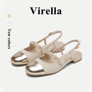 Virella ครีมสาวหวานมุกฝรั่งเศสส้นเตี้ยสีจับคู่รองเท้าแตะแมรี่เจนสำหรับผู้หญิง