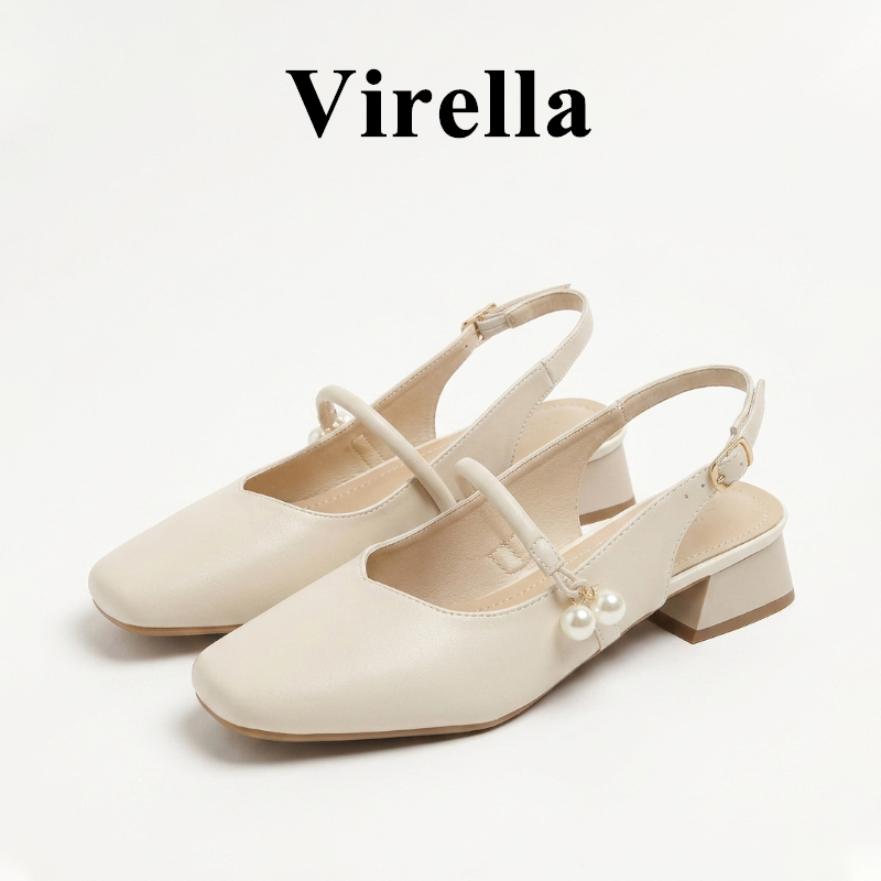 Virella รองเท้าแตะเปิดนิ้วเท้าสไตล์ใหม่ฤดูร้อนปี 2025 สำหรับผู้หญิงพร้อมส้นหนาและกระโปรงเข้าชุด รองเท้าแตะไข่มุกฝรั่งเศส