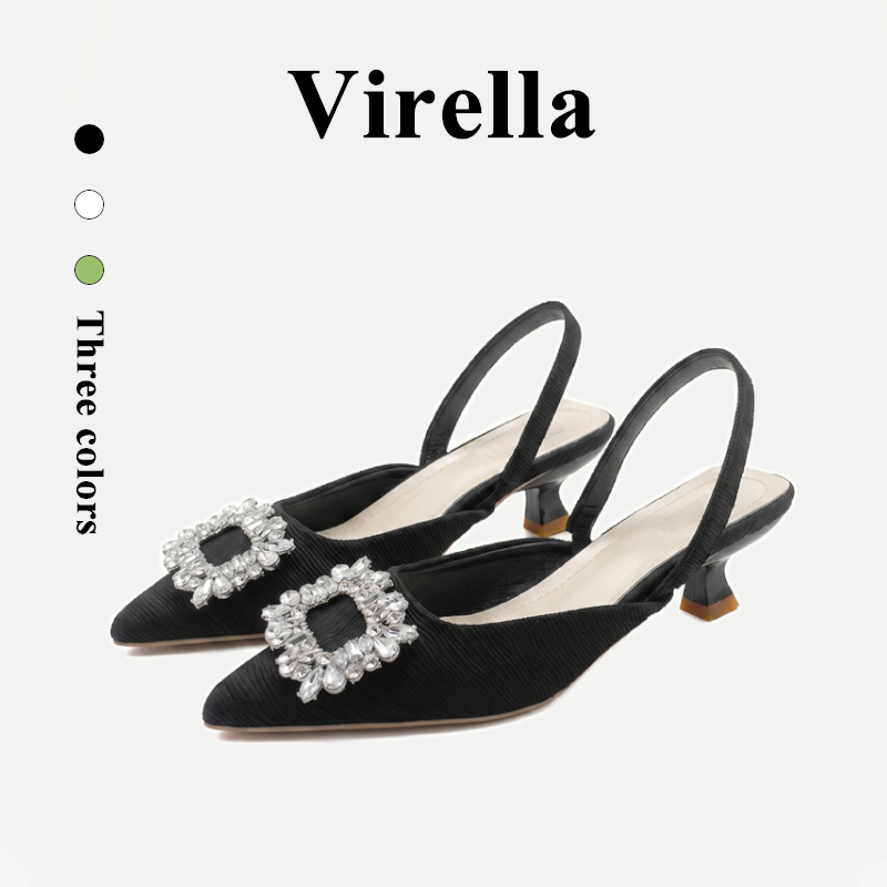 Virella รองเท้าแตะแฟชั่นหัวแหลมส้นสูงเพชรสไตล์ฝรั่งเศสสำหรับผู้หญิง เย็นสบายและระบายอากาศได้ดี พร้อมรูปลักษณ์ย้อนยุค ทันสมัย ​​และหรูหรา