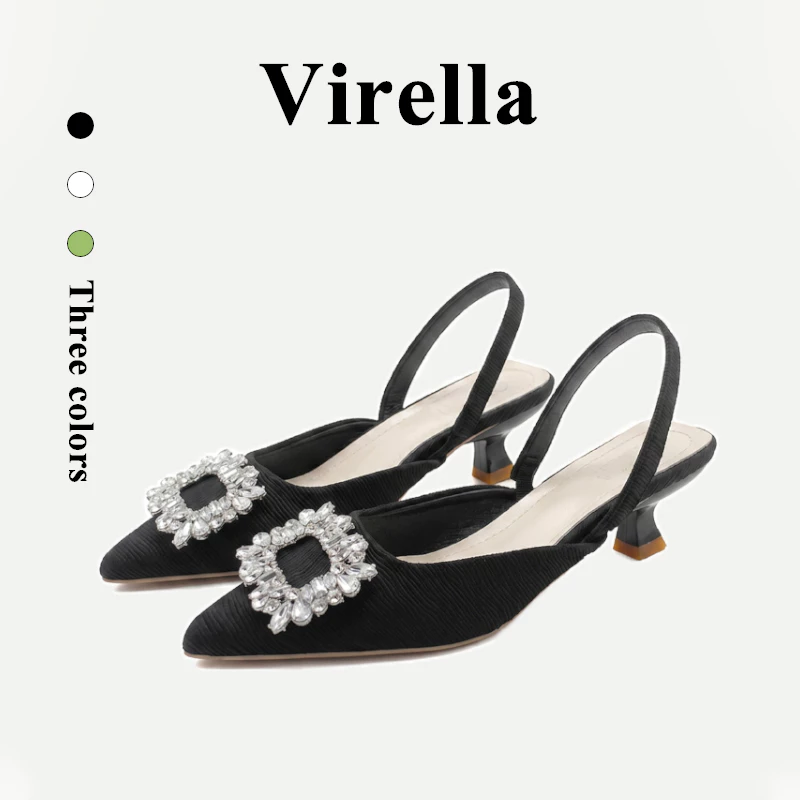 Virella รองเท้าแตะแฟชั่นหัวแหลมส้นสูงเพชรสไตล์ฝรั่งเศสสำหรับผู้หญิง เย็นสบายและระบายอากาศได้ดี พร้อมรูปลักษณ์ย้อนยุค ทันสมัย และหรูหรา