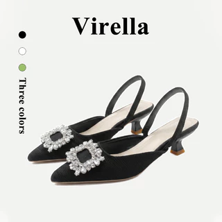 Virella รองเท้าแตะแฟชั่นหัวแหลมส้นสูงเพชรสไตล์ฝรั่งเศสสำหรับผู้หญิง เย็นสบายและระบายอากาศได้ดี พร้อมรูปลักษณ์ย้อนยุค ทันสมัย ​​และหรูหรา