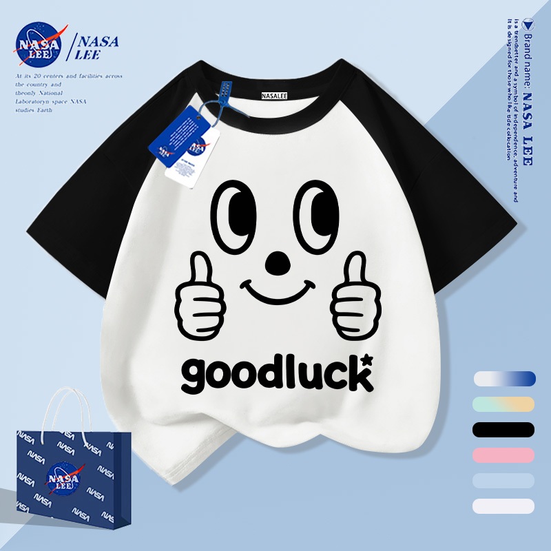 [จัดส่งภายในกทม. วันเดียว] เด็กสีดําสีขาวผ้าฝ้ายแท้ระบายอากาศเสื้อยืดบรรยากาศการ์ตูน เด็กชอบ หน้ายิ้มรูปแบบการพิมพ์ 3-16 ปีหลวมสบายๆเสื้อแขนสั้น