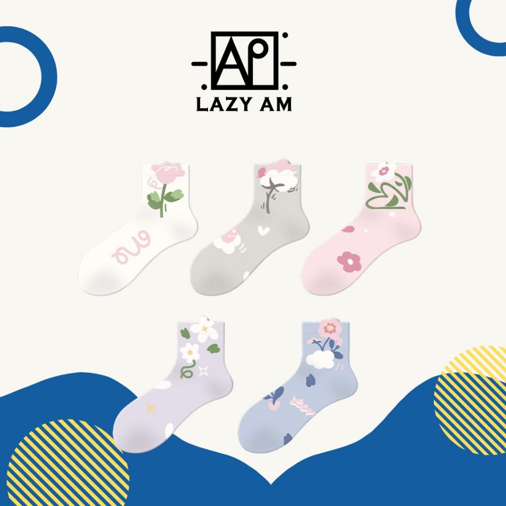 LAZYAM ถุงเท้าข้อกลางลายดอกไม้ ผ้าคอตตอนนุ่ม ระบายอากาศ สไตล์หวาน ใส่สบาย