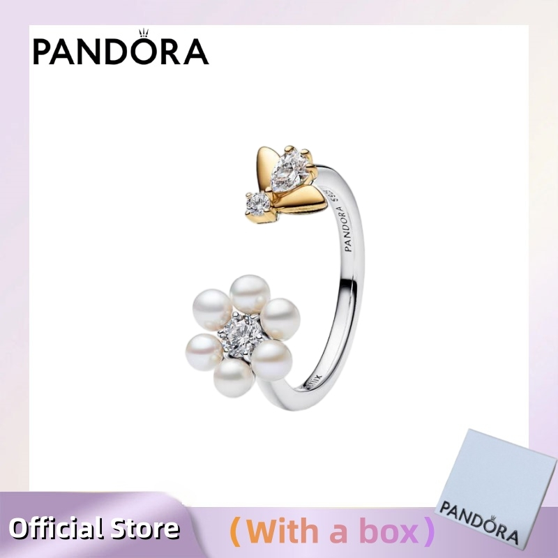เครื่องประดับเงินแท้ S925 (พร้อมกล่อง)Pandora Bridgerton Bee & Treated แหวนเปิดดอกไม้มุกวัฒนธรรมน้ําจืด