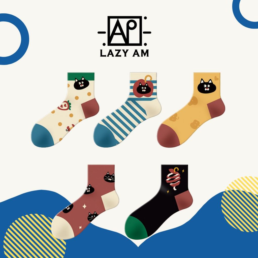 LAZYAM ถุงเท้าลายแมววินเทจ ลายทางสไตล์ญี่ปุ่น ผ้าคอตตอนนุ่ม ใส่สบาย ระบายอากาศ