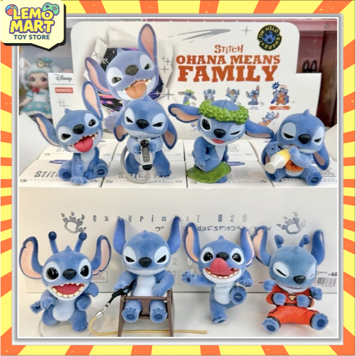 ของแท้ Stitch "OHANA Means Family" Series Flocked Figure Blind Box Ornament แกะกล่องยืนยัน