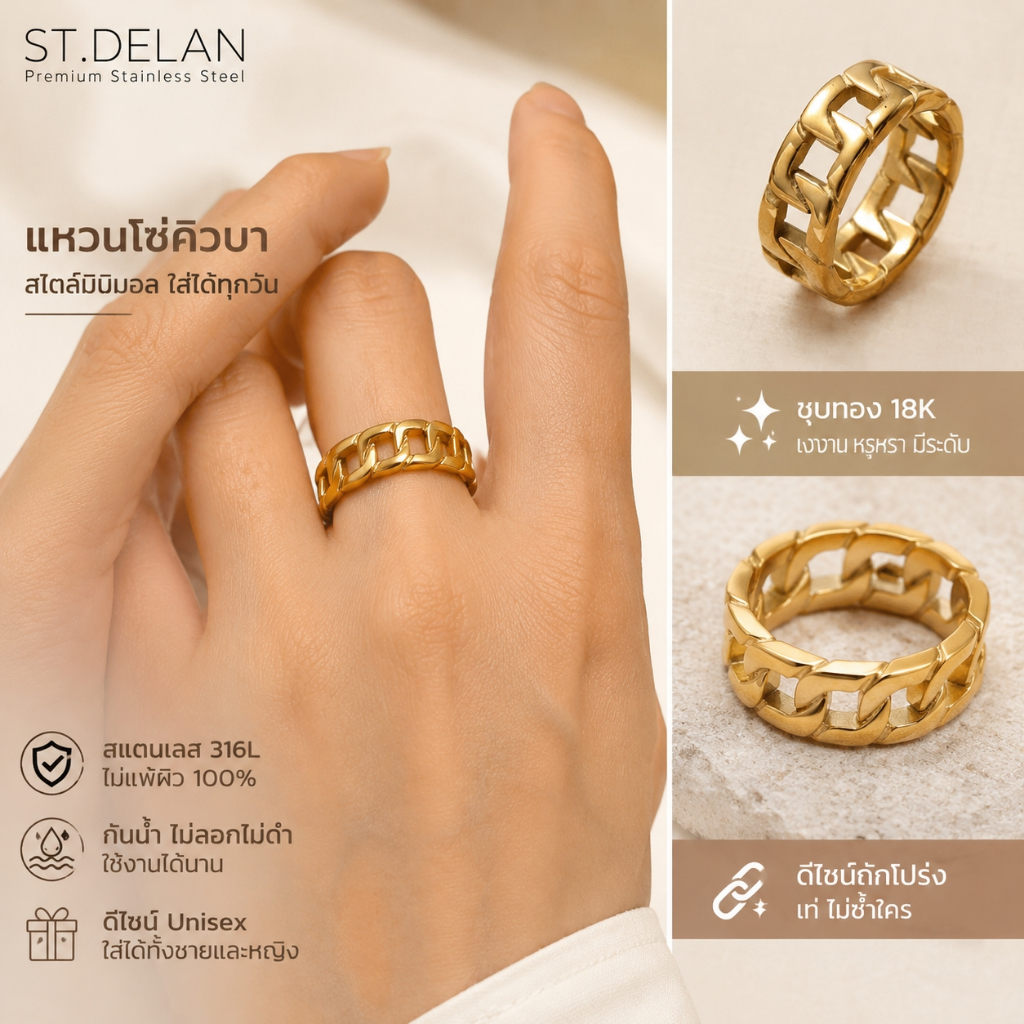 [STDELAN] ของขวัญวันเกิดสุดเท่ แหวนโซ่คิวบาถักรูพรุน ทำจากสแตนเลสชุบทอง18K ใส่ได้ทั้งชายหญิง จับคู่ชุดทำงานได้หลากหลาย ไม่แพ้ผิว 100% คุณภาพยอดเยี่ยม