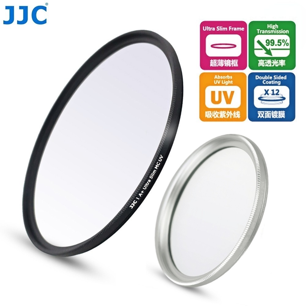 JJC 49mm A+ ฟิลเตอร์ UV บางเฉียบ ฟิลเตอร์ป้องกันกระจกออปติคอลญี่ปุ่นสำหรับเลนส์กล้องมิเรอร์เลส SLR, สีดำ & สีเงินป้องกันรอยขีดข่วนตัวกรอง MCUV หลายชั้นเคลือบเลนส์