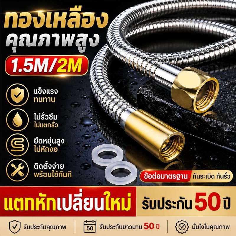 สายฝักบัวแรงดันสูง ขนาดใหญ่ สแตนเลส เกลียวทองเหลือง ยาว1.5 ม, 2ม.เครื่องทำน้ำอุ่น พรีเมี่ยม สายฝักบัว