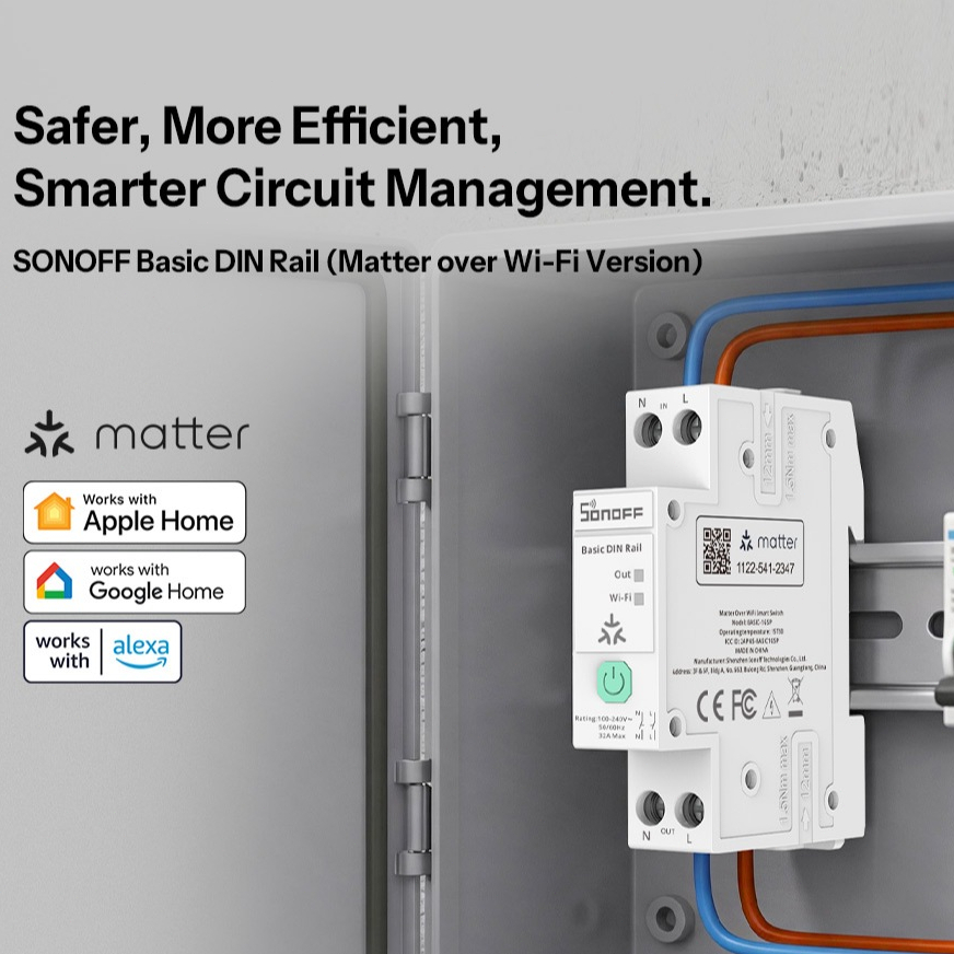 SONOFF BASIC-1GSP 1P DIN Rail WiFi สมาร์ทสวิทช์ 32A WiFi อัจฉริยะรีเลย์สวิทช์ eWeLink App สําหรับ DIY สมาร์ทโฮมพร้อมระบบควบคุมเสียงและการวัดเวลา