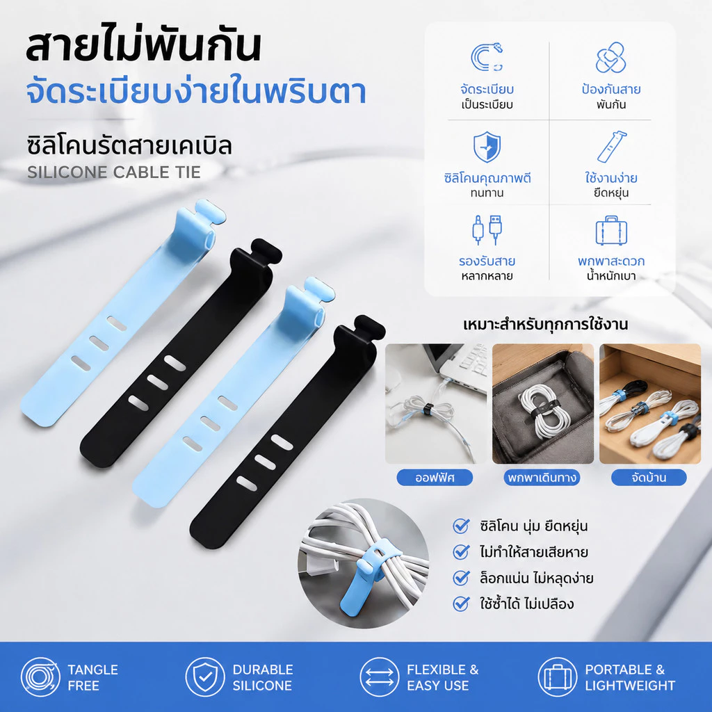ที่รัดสายชาร์จ ซิลิโคน สำหรับเก็บสายไฟ ไม่ให้พันกัน เหมาะกับสายชาร์จมือถือ หูฟัง ใช้งานง่าย ทนทาน