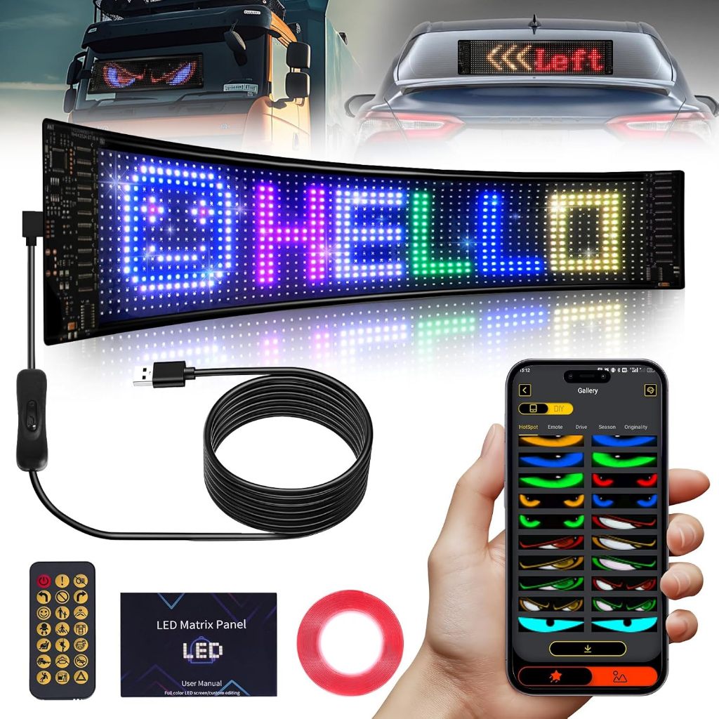 NHLS ป้ายไฟโฆษณาเลื่อน แผงเมทริกซ์ LED หน้าจอแสดงผล ยืดหยุ่น สีสันสดใส RGB ไฟตาชั่วร้าย DIY ตั้งโปรแกรมได้ แอพบลูทูธรีโมทคอนโทรล สําหรับรถยนต์และการตกแต่งร้านค้า