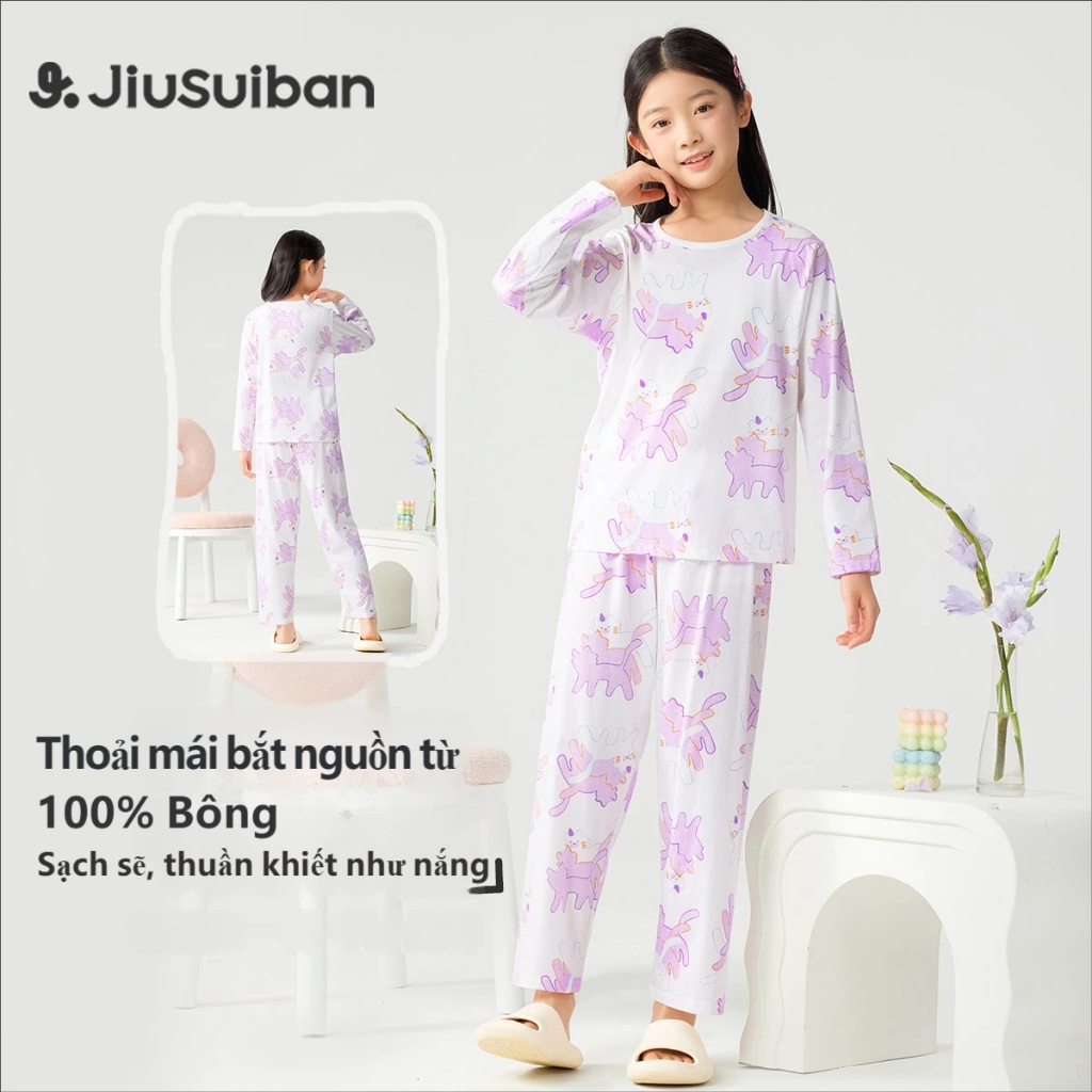 จิ่วซุยปัน ชุดนอนเด็กผู้หญิง แขนยาว ผ้าฝ้ายอินทรีย์ 100% นุ่ม ระบายอากาศ ต้านเชื้อแบคทีเรีย 7ก